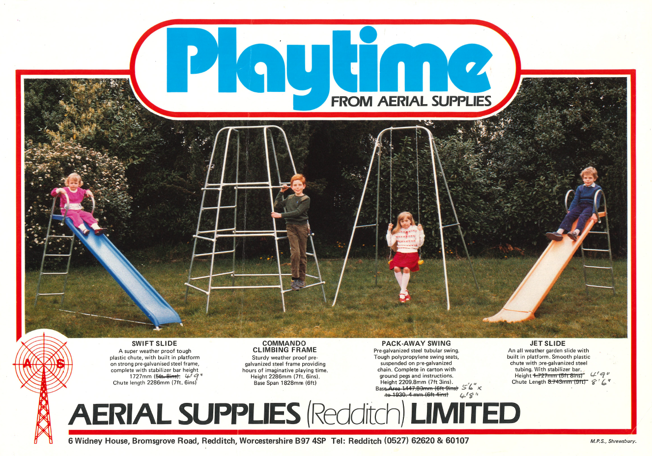 Colour photo of fourchildren playing on various metal garden structures; slides, swing, climbing sets and the Aerial Supplies (Redditch) LTD logo at the bottom.