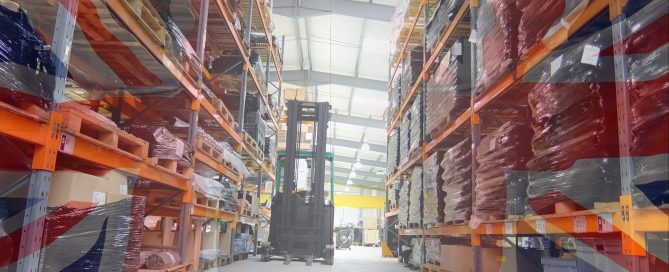 Warehouse with a forklift and British flag